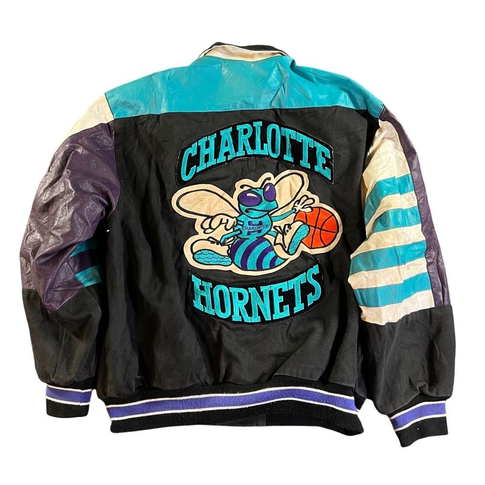 Vintage Jeff Hamilton Charlotte Hornets Leather 90s Varsity Jacket Mens XL Black - Picture 2 of 16